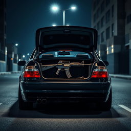 A BMW E46 parked in a moody urban environment, with the trunk open revealing an AK-49 prominently displayed on the inner trunk gate