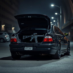 A BMW E46 parked in a moody urban environment, with the trunk open revealing an AK-49 prominently displayed on the inner trunk gate