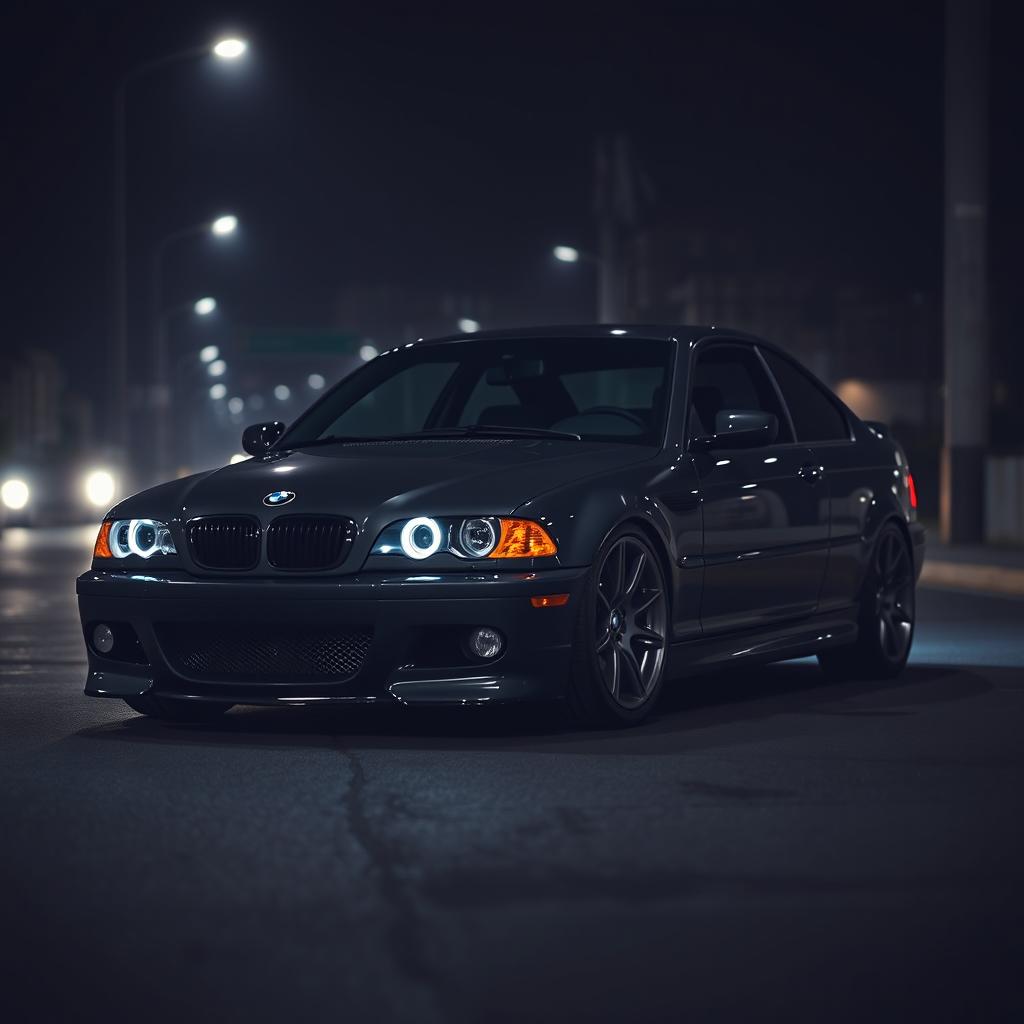 A BMW E46 featuring a full, absolute deep black exterior that reflects a sleek and menacing aesthetic