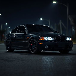 A BMW E46 featuring a full, absolute deep black exterior that reflects a sleek and menacing aesthetic