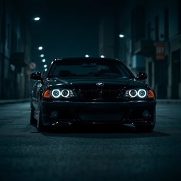 A BMW E46 featuring a full, absolute deep black exterior that reflects a sleek and menacing aesthetic