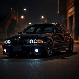 A BMW E46 featuring a full, absolute deep black exterior that reflects a sleek and menacing aesthetic