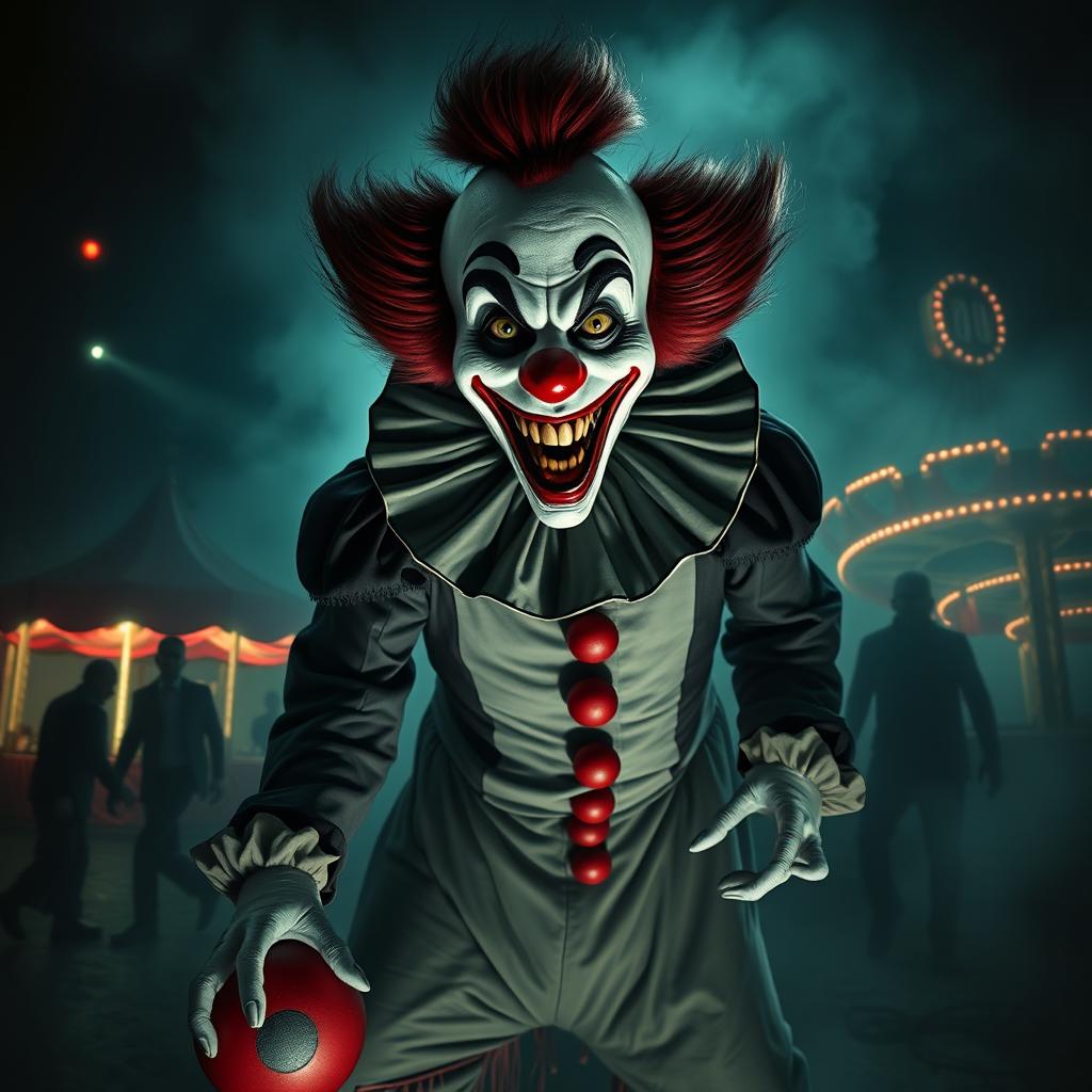 A detailed and terrifying depiction of Art the Clown, a character known for his sinister smile and unsettling clown costume