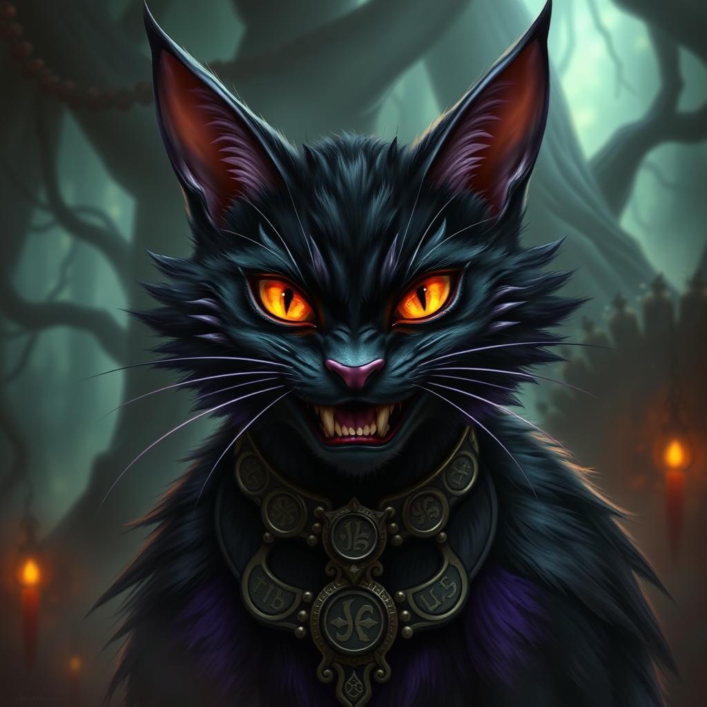 A striking fantasy portrait of an evil cat with sharp, glowing eyes and a wicked grin, set in a mystical Dungeons and Dragons universe