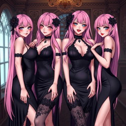 A captivating scene featuring four sexy gothic anime dominatrix girls, each displaying a flustered subtle smile with a soft blush on their cheeks