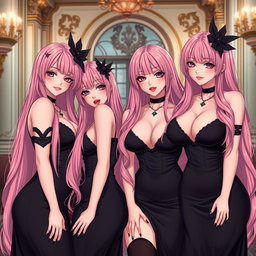 A captivating scene featuring four sexy gothic anime dominatrix girls, each displaying a flustered subtle smile with a soft blush on their cheeks
