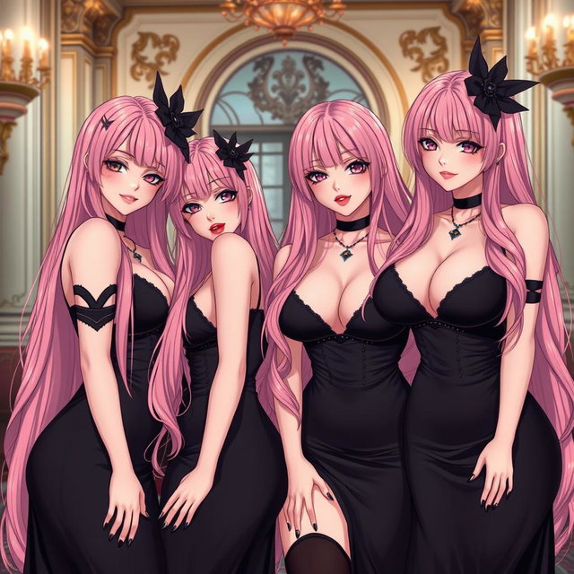 A captivating scene featuring four sexy gothic anime dominatrix girls, each displaying a flustered subtle smile with a soft blush on their cheeks