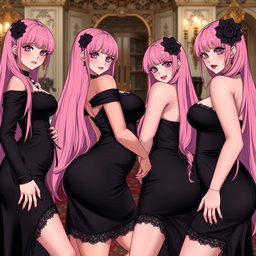 A captivating scene featuring four sexy gothic anime dominatrix girls, each displaying a flustered subtle smile with a soft blush on their cheeks