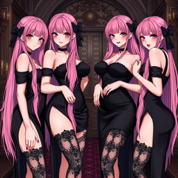 A captivating scene featuring four sexy gothic anime dominatrix girls, each displaying a flustered subtle smile with a soft blush on their cheeks
