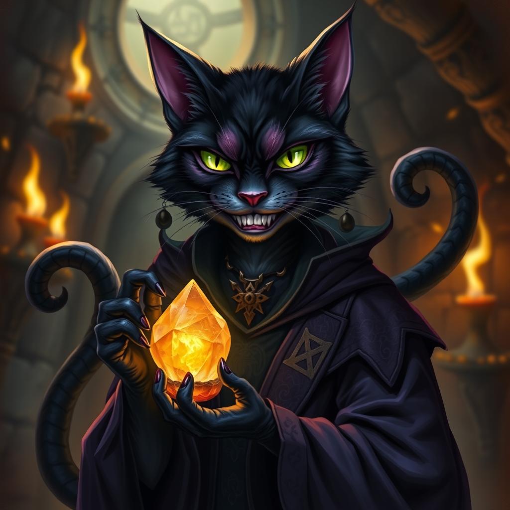 A detailed portrait of an evil, anthropomorphic cat with sly green eyes and a wicked grin, wearing a dark, ornate robe adorned with arcane symbols