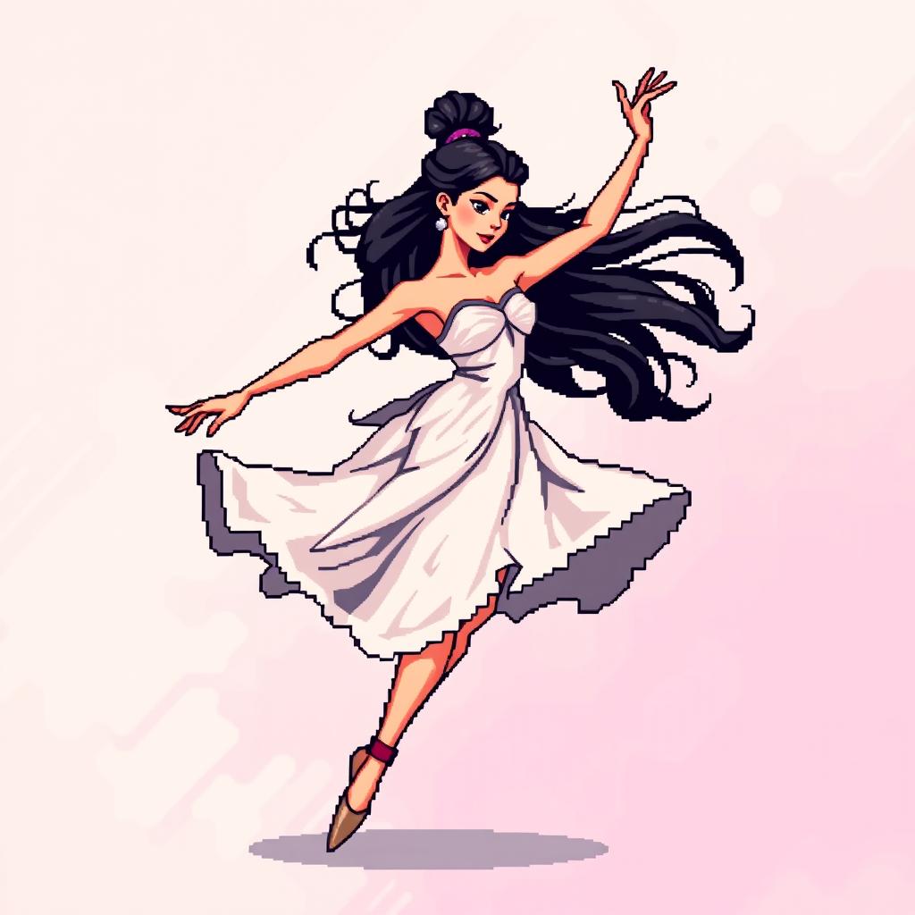 A vibrant pixel art representation of a dancer in mid-motion, showcasing an elegant ballet pose, with flowing garments and expressive facial features