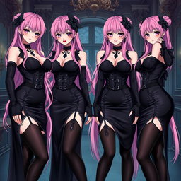 A mesmerizing scene featuring four sexy gothic anime dominatrix girls, each displaying a flustered subtle smile enhanced by a delicate blush on their cheeks