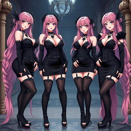 A mesmerizing scene featuring four sexy gothic anime dominatrix girls, each displaying a flustered subtle smile enhanced by a delicate blush on their cheeks