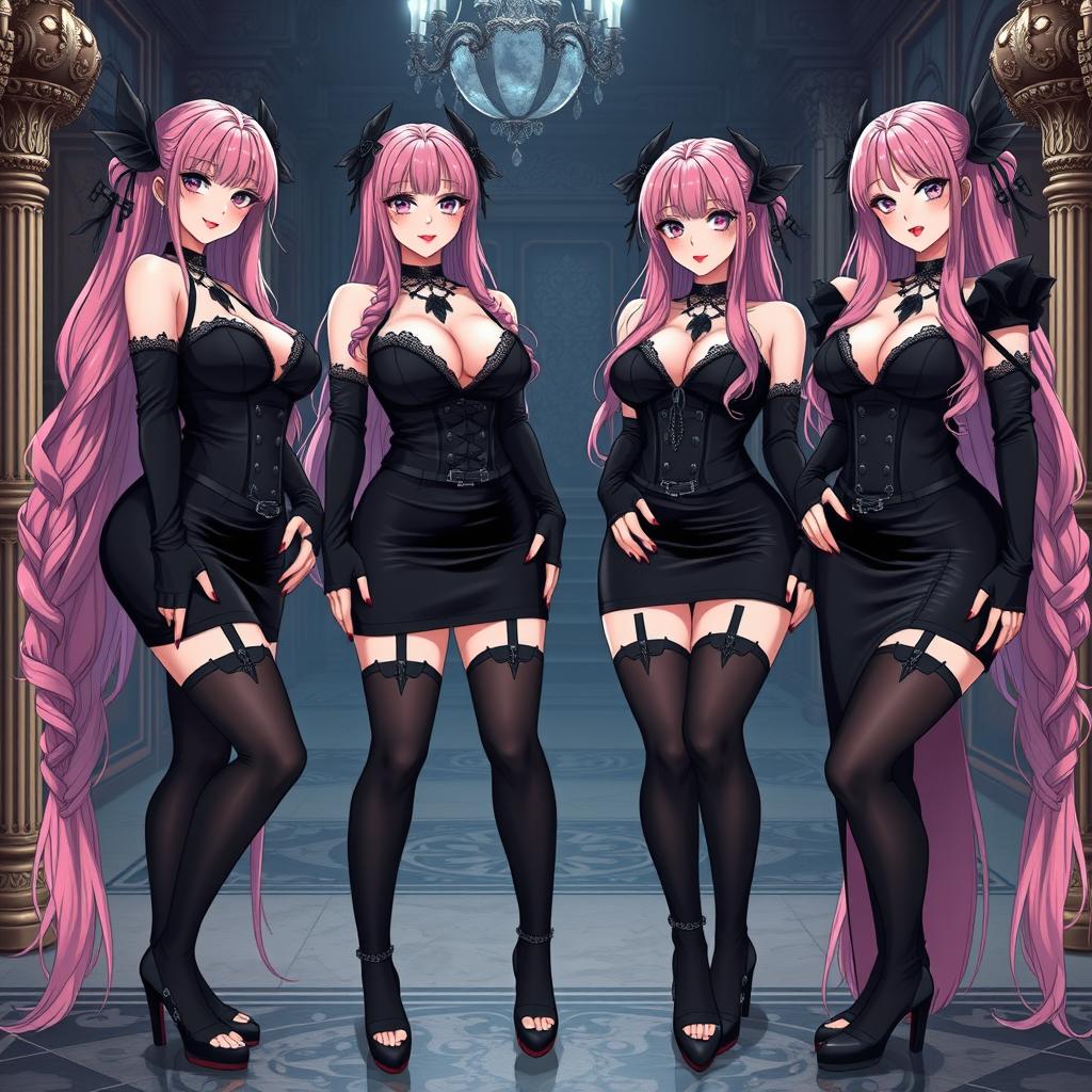 A mesmerizing scene featuring four sexy gothic anime dominatrix girls, each displaying a flustered subtle smile enhanced by a delicate blush on their cheeks