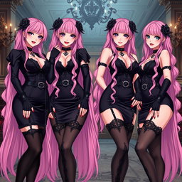 A mesmerizing scene featuring four sexy gothic anime dominatrix girls, each displaying a flustered subtle smile enhanced by a delicate blush on their cheeks