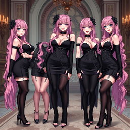 A mesmerizing scene featuring four sexy gothic anime dominatrix girls, each displaying a flustered subtle smile enhanced by a delicate blush on their cheeks
