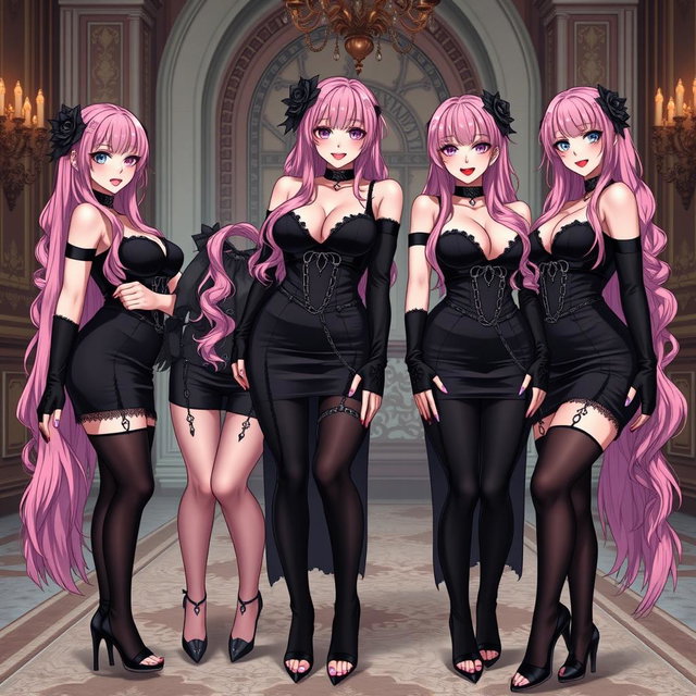 A mesmerizing scene featuring four sexy gothic anime dominatrix girls, each displaying a flustered subtle smile enhanced by a delicate blush on their cheeks