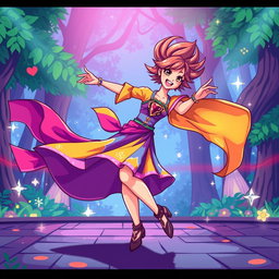 A vibrant and dynamic pixel art scene depicting a dancer in an exciting RPG style