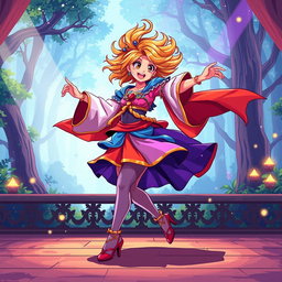 A vibrant and dynamic pixel art scene depicting a dancer in an exciting RPG style
