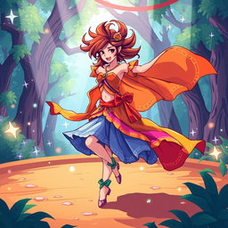 A vibrant and dynamic pixel art scene depicting a dancer in an exciting RPG style