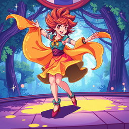 A vibrant and dynamic pixel art scene depicting a dancer in an exciting RPG style