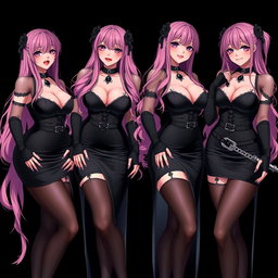 A striking image featuring four sexy gothic anime dominatrix girls, all wearing flustered subtle smiles enhanced by a soft blush on their cheeks