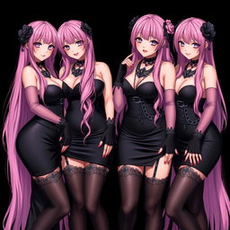 A striking image featuring four sexy gothic anime dominatrix girls, all wearing flustered subtle smiles enhanced by a soft blush on their cheeks