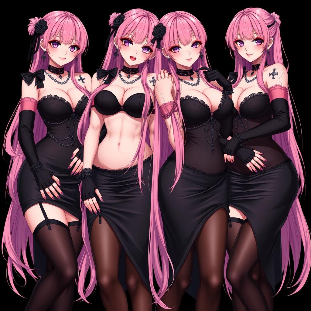 A striking image featuring four sexy gothic anime dominatrix girls, all wearing flustered subtle smiles enhanced by a soft blush on their cheeks