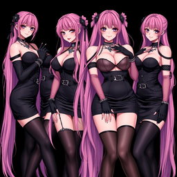 A striking image featuring four sexy gothic anime dominatrix girls, all wearing flustered subtle smiles enhanced by a soft blush on their cheeks