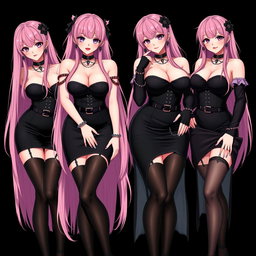 An alluring image featuring four sexy gothic anime dominatrix girls, each adorned with a flustered subtle smile and a charming blush on their cheeks
