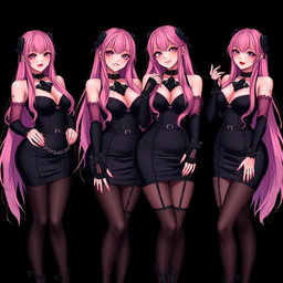 An alluring image featuring four sexy gothic anime dominatrix girls, each adorned with a flustered subtle smile and a charming blush on their cheeks