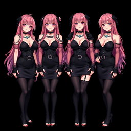 An alluring image featuring four sexy gothic anime dominatrix girls, each adorned with a flustered subtle smile and a charming blush on their cheeks