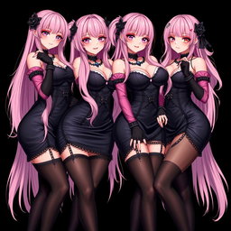 An alluring image featuring four sexy gothic anime dominatrix girls, each adorned with a flustered subtle smile and a charming blush on their cheeks