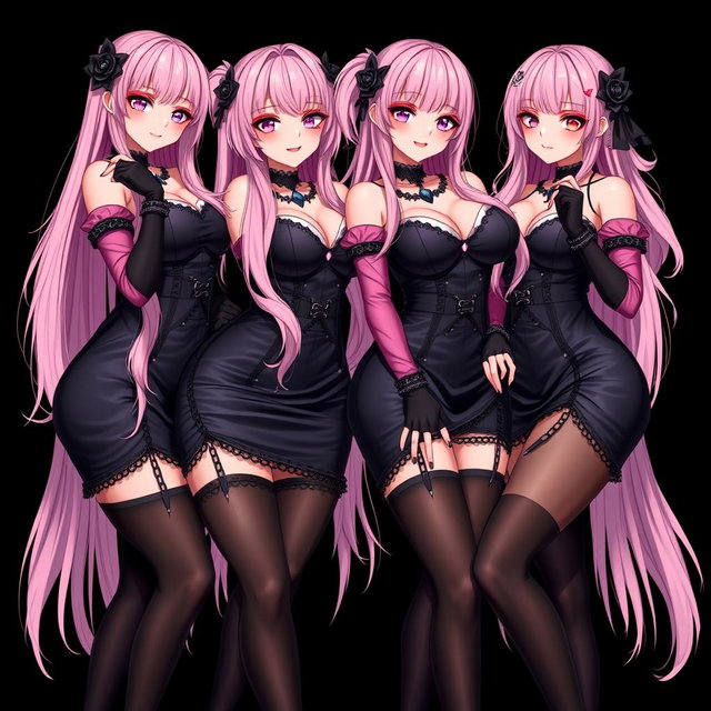 An alluring image featuring four sexy gothic anime dominatrix girls, each adorned with a flustered subtle smile and a charming blush on their cheeks