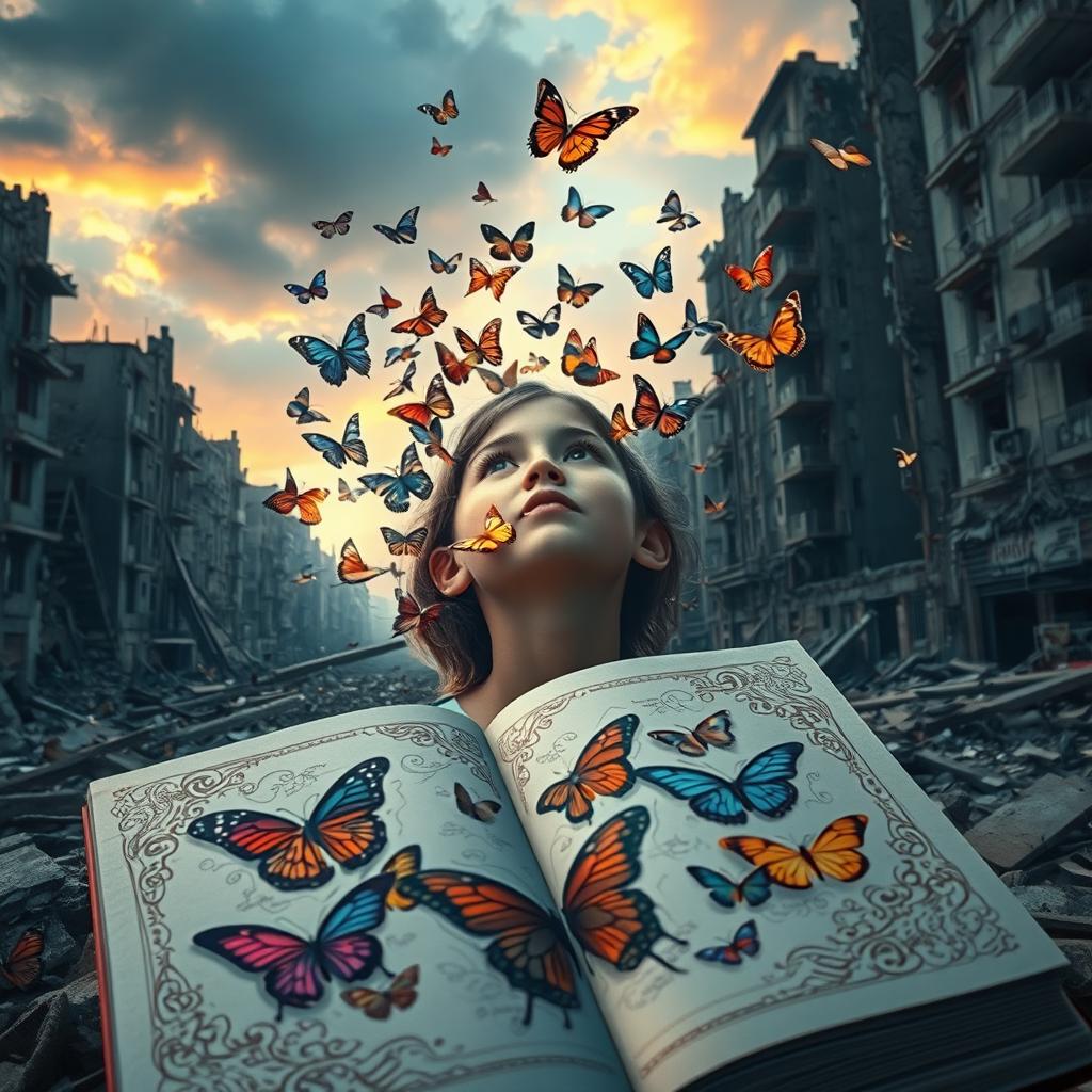 A devastated city landscape with crumbling buildings, showcasing a young girl whose mouth is releasing a swarm of colorful butterflies