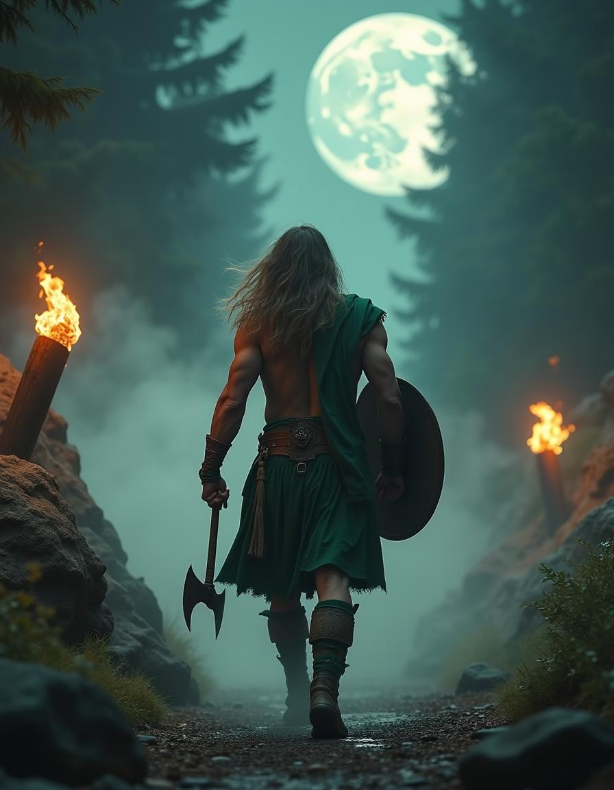 A photorealistic image of a handsome, muscular long-haired Irish Celtic warrior, clean-shaven, wearing an emerald green kilt
