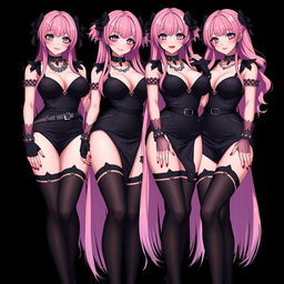 An alluring image depicting four sexy gothic anime dominatrix girls, each with a flustered subtle smile and a gentle blush on their cheeks