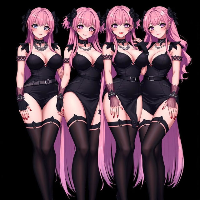 An alluring image depicting four sexy gothic anime dominatrix girls, each with a flustered subtle smile and a gentle blush on their cheeks