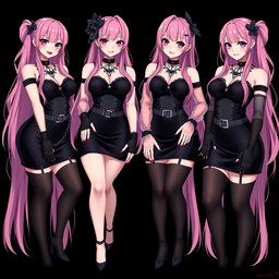 An alluring image depicting four sexy gothic anime dominatrix girls, each with a flustered subtle smile and a gentle blush on their cheeks