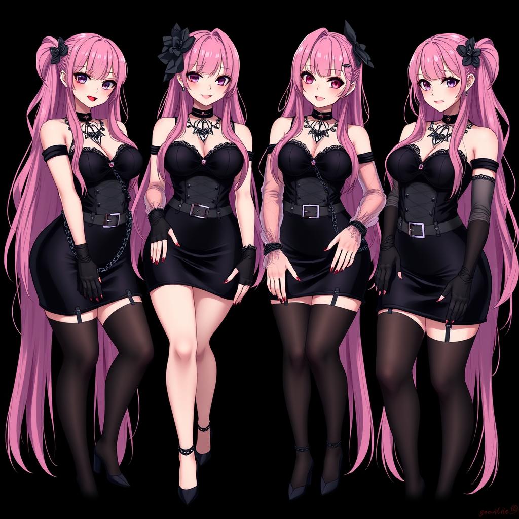 An alluring image depicting four sexy gothic anime dominatrix girls, each with a flustered subtle smile and a gentle blush on their cheeks