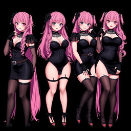 An alluring image depicting four sexy gothic anime dominatrix girls, each with a flustered subtle smile and a gentle blush on their cheeks