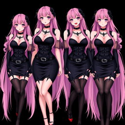 An alluring image depicting four sexy gothic anime dominatrix girls, each with a flustered subtle smile and a gentle blush on their cheeks