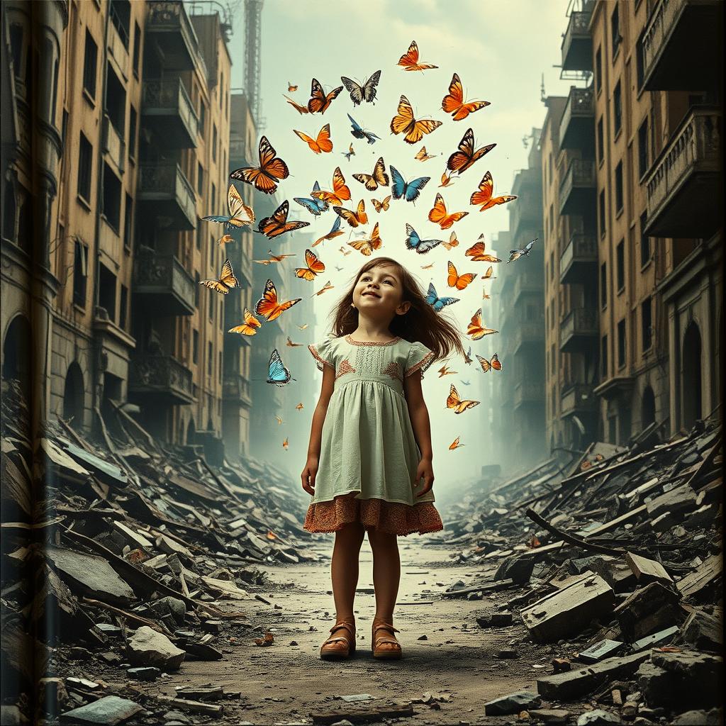 In a devastated cityscape characterized by crumbling buildings and debris, a young girl stands in the center, her expression filled with wonder