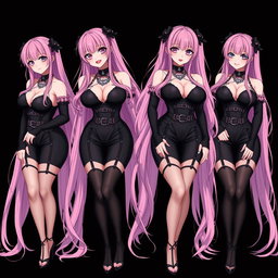 A captivating image showcasing four sexy gothic anime dominatrix girls, each displaying a flustered subtle smile with a rosy blush on their cheeks