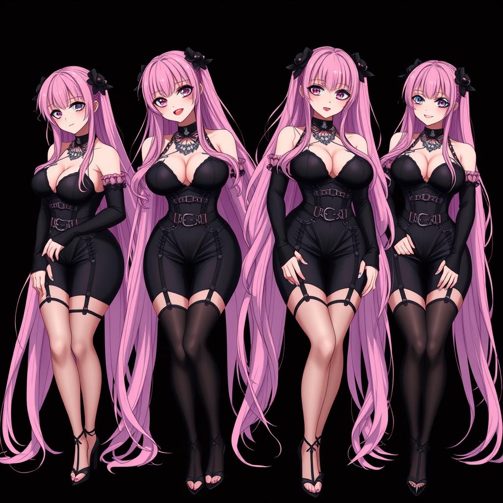 A captivating image showcasing four sexy gothic anime dominatrix girls, each displaying a flustered subtle smile with a rosy blush on their cheeks