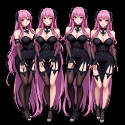 A captivating image showcasing four sexy gothic anime dominatrix girls, each displaying a flustered subtle smile with a rosy blush on their cheeks