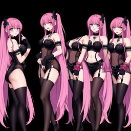 A captivating image showcasing four sexy gothic anime dominatrix girls, each displaying a flustered subtle smile with a rosy blush on their cheeks