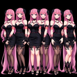 A captivating image showcasing four sexy gothic anime dominatrix girls, each displaying a flustered subtle smile with a rosy blush on their cheeks
