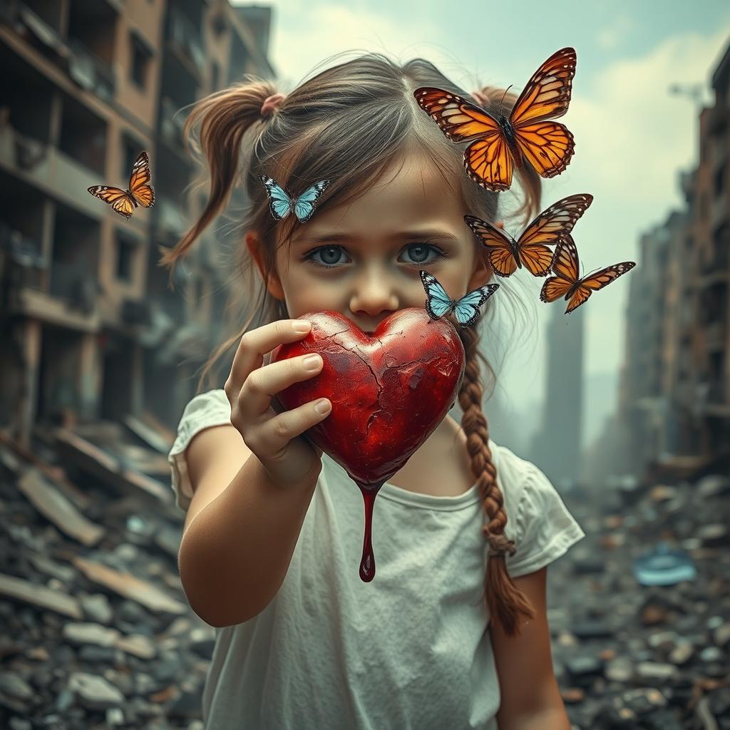 A young girl in a devastated cityscape, holding a real heart in her hand with blood dripping from it