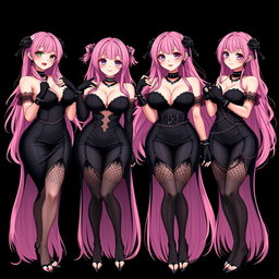 An enchanting image of four sexy gothic anime dominatrix girls, each showcasing a flustered subtle smile and charming blush on their cheeks
